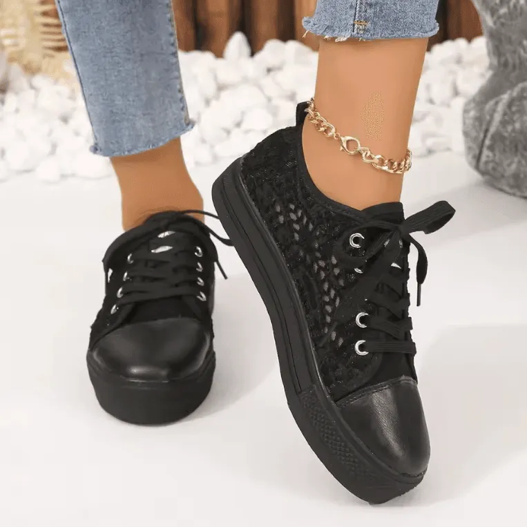 2025 Plus Size Women’s Mesh Sneakers – Breathable Hollow Design with Thick Sponge Sole for Casual Comfort