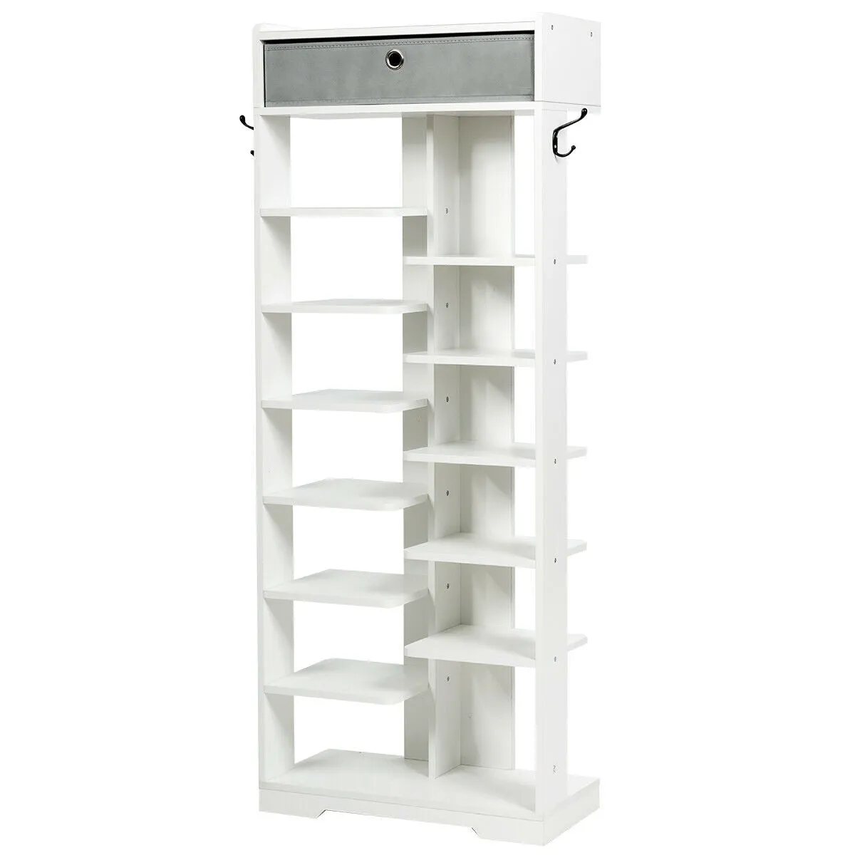 7 6 Tier Wooden Shoe Rack with Drawer and Hooks-White