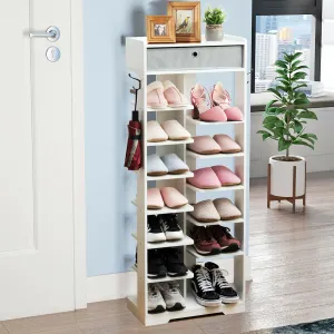 7 6 Tier Wooden Shoe Rack with Drawer and Hooks-White