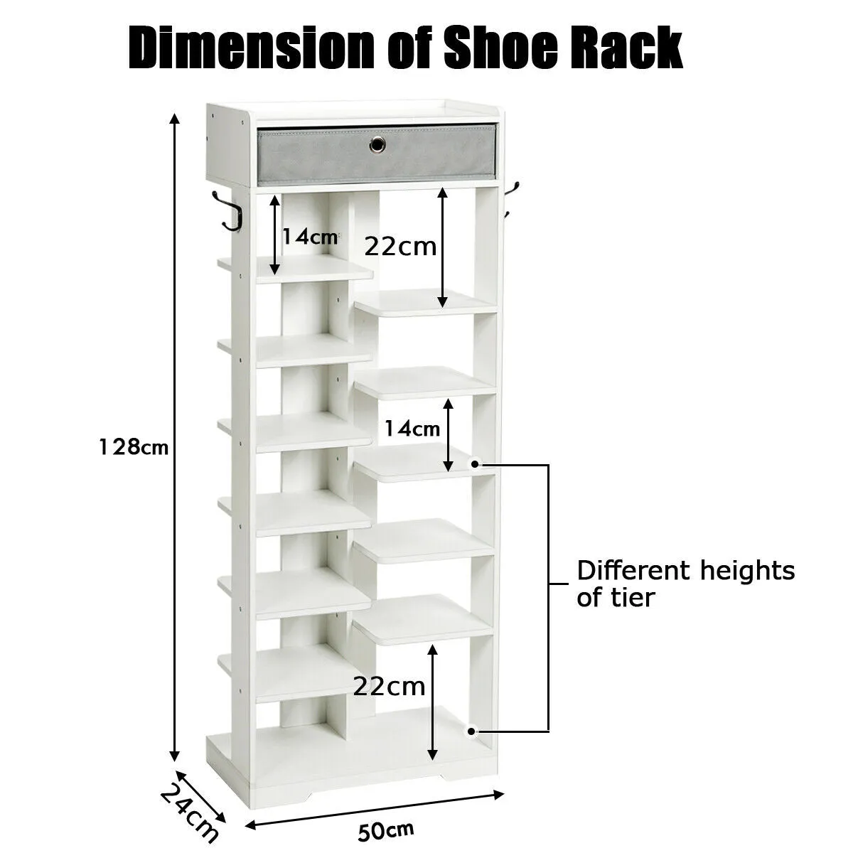 7 6 Tier Wooden Shoe Rack with Drawer and Hooks-White