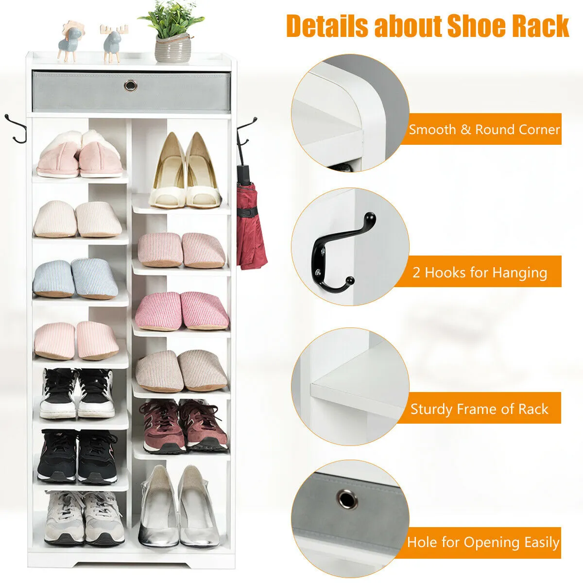 7 6 Tier Wooden Shoe Rack with Drawer and Hooks-White
