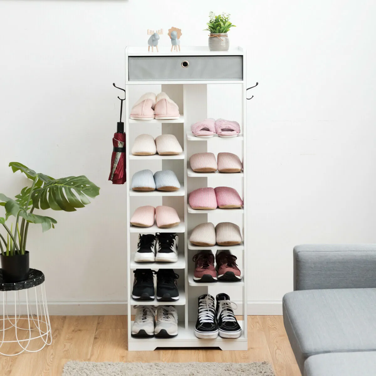 7 6 Tier Wooden Shoe Rack with Drawer and Hooks-White