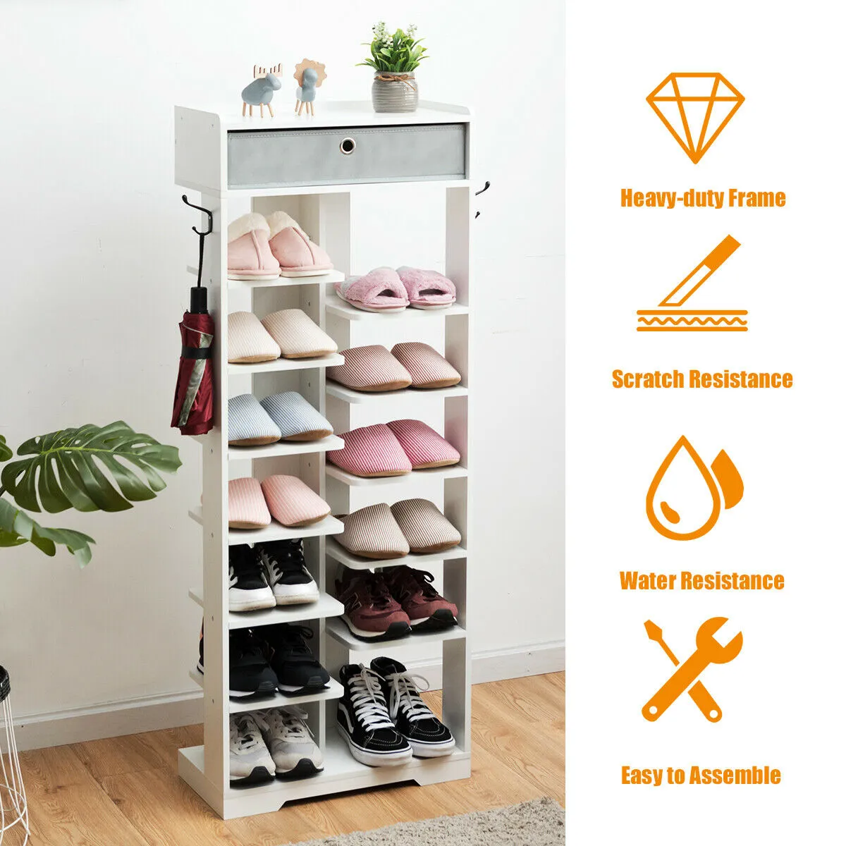 7 6 Tier Wooden Shoe Rack with Drawer and Hooks-White