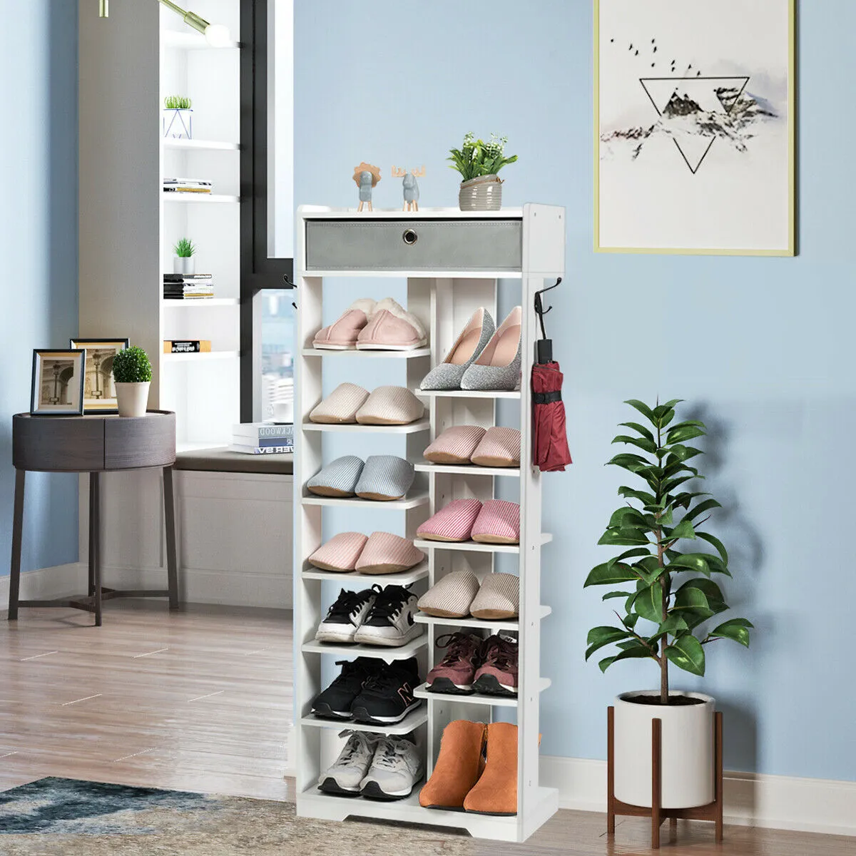 7 6 Tier Wooden Shoe Rack with Drawer and Hooks-White
