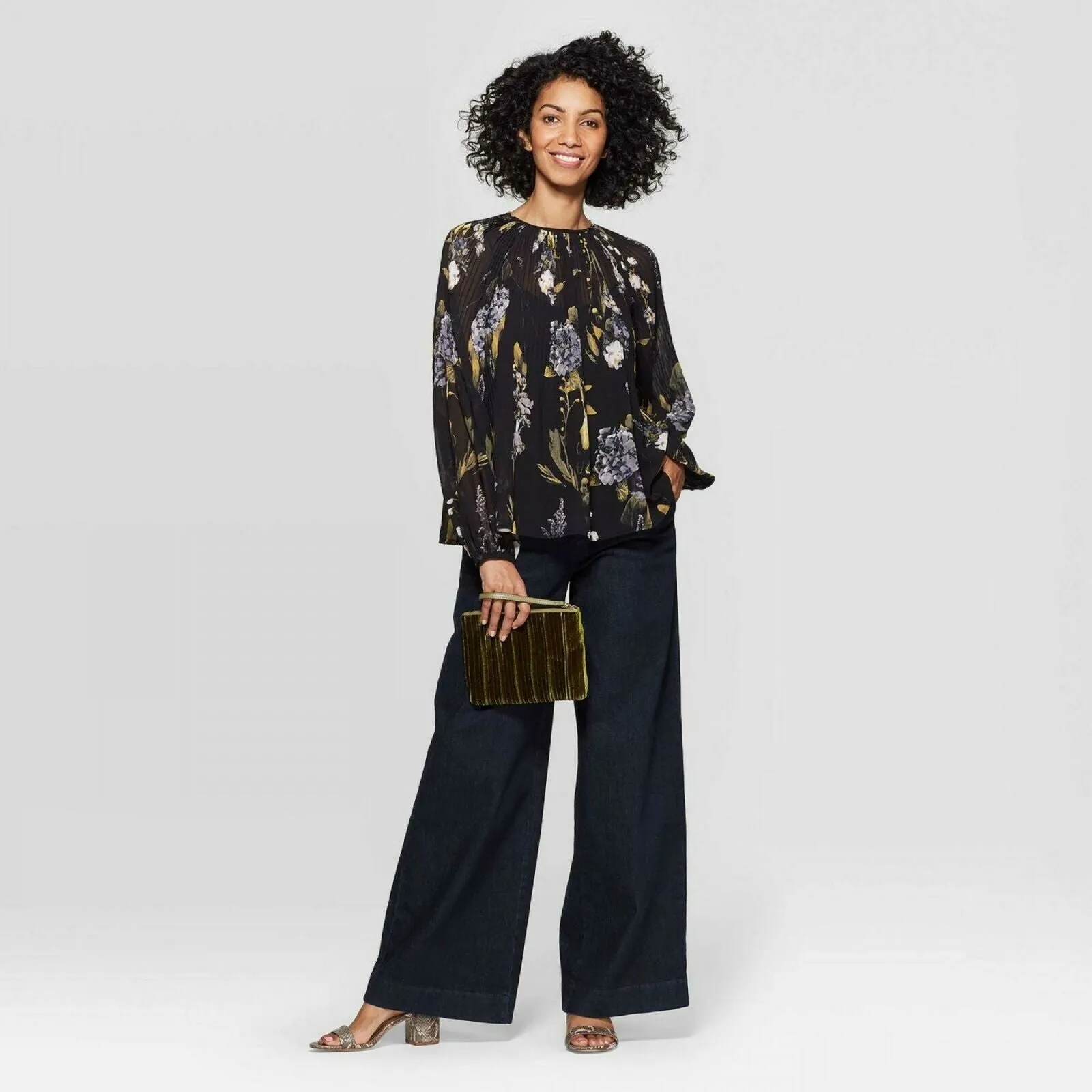 A New Day Women's Floral Print Long Sleeve Crewneck Pleated Blouse Black XL
