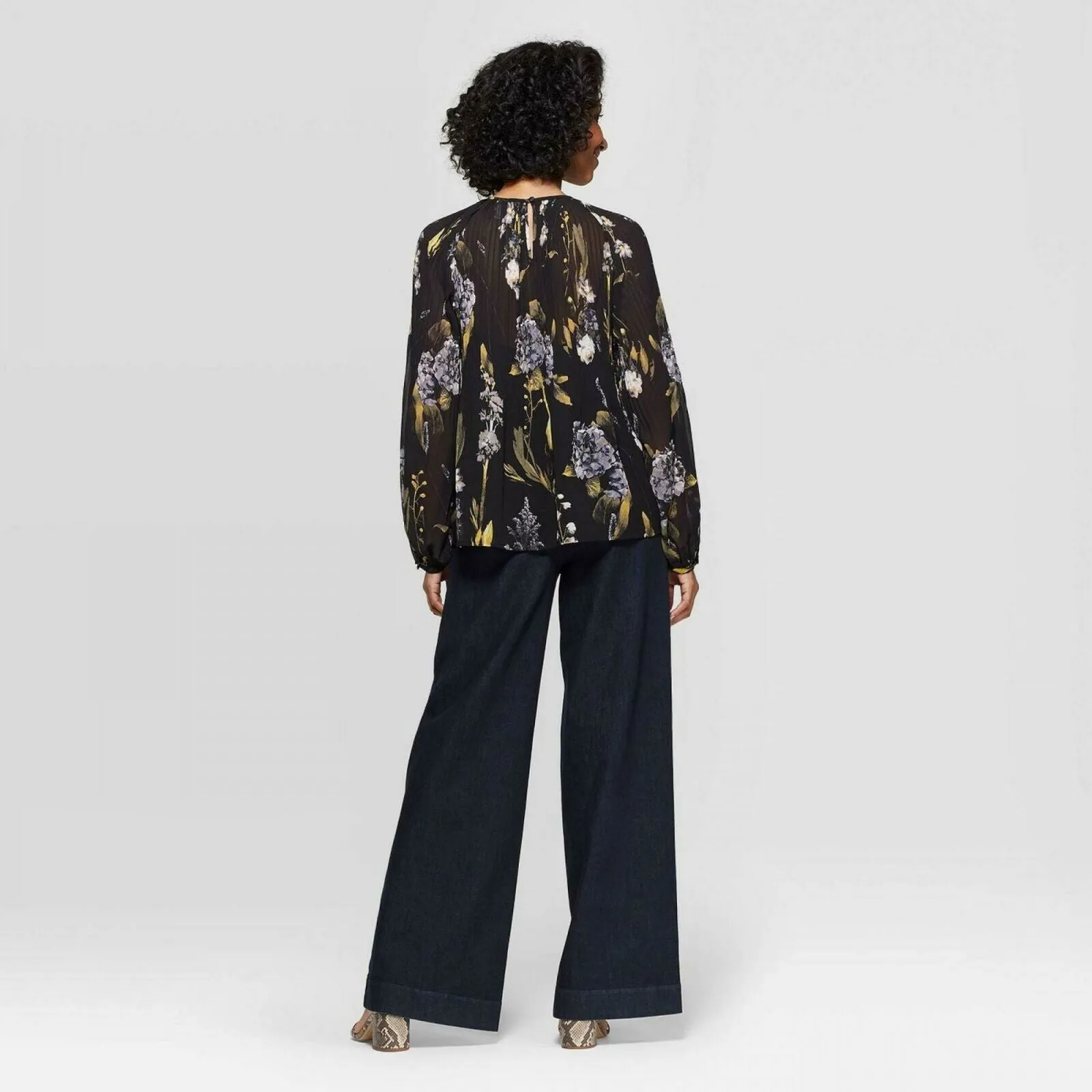 A New Day Women's Floral Print Long Sleeve Crewneck Pleated Blouse Black XL