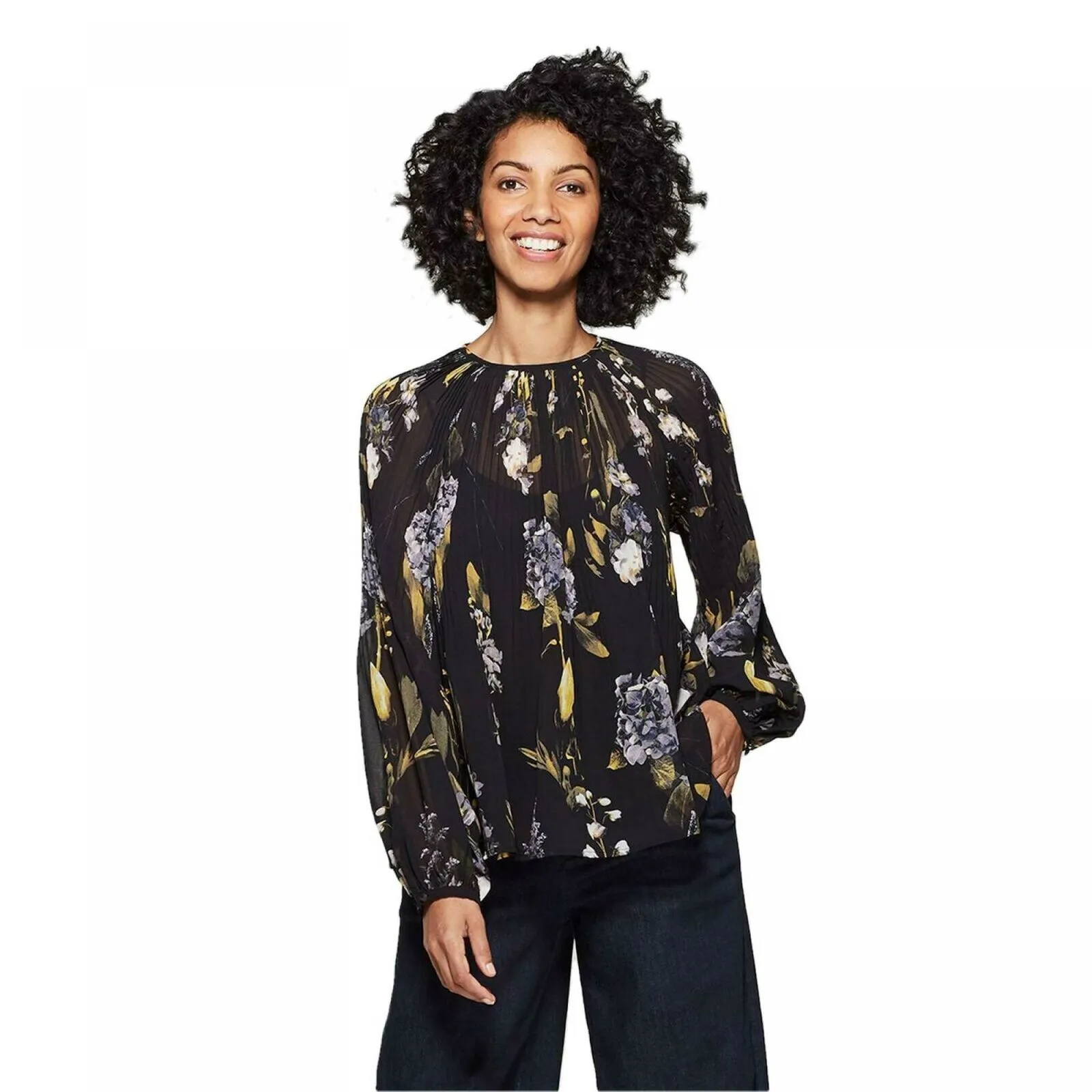 A New Day Women's Floral Print Long Sleeve Crewneck Pleated Blouse Black XL