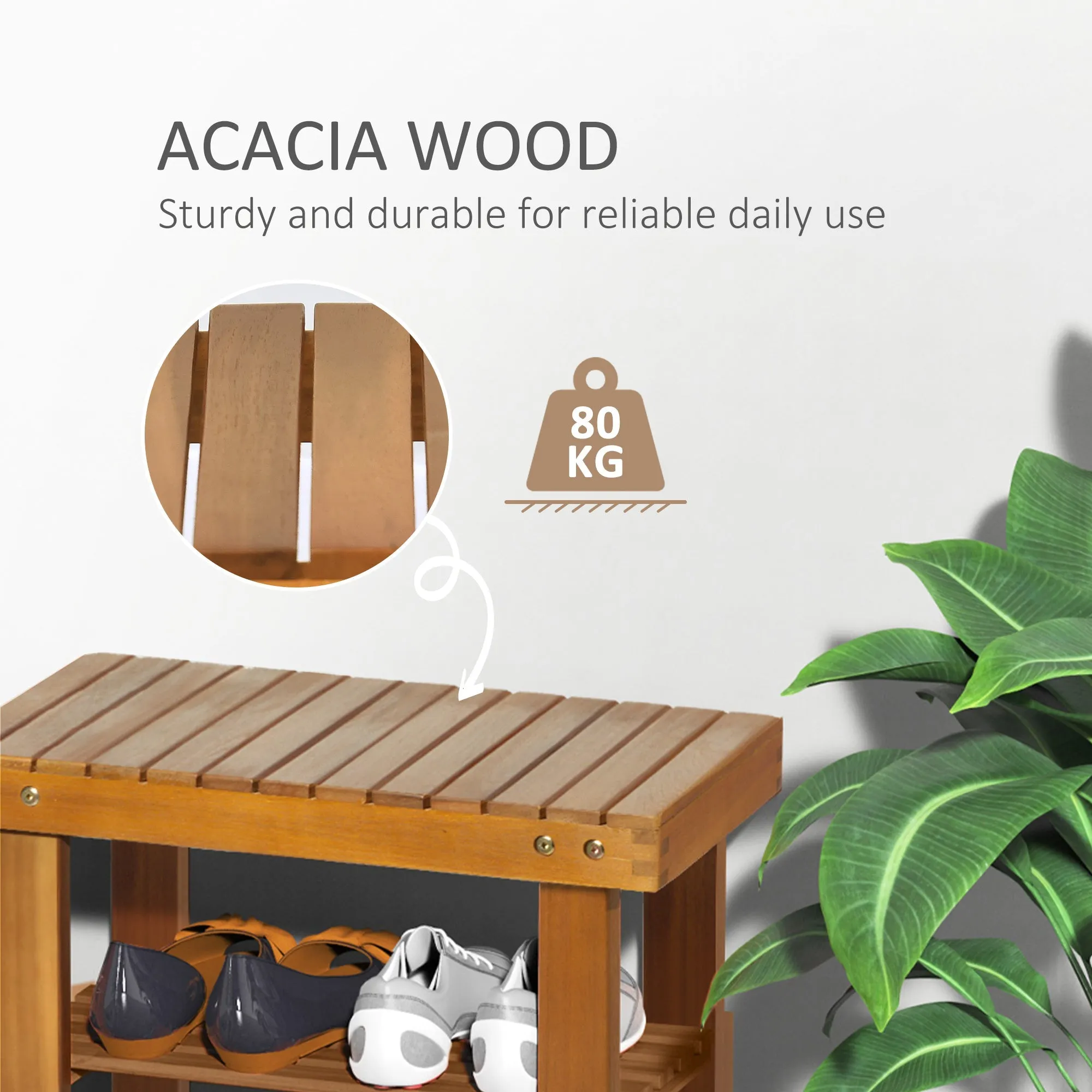 Acacia Wood Shoe Bench  3-Tier Shoe Storage Rack Hallway Organizer Shelf