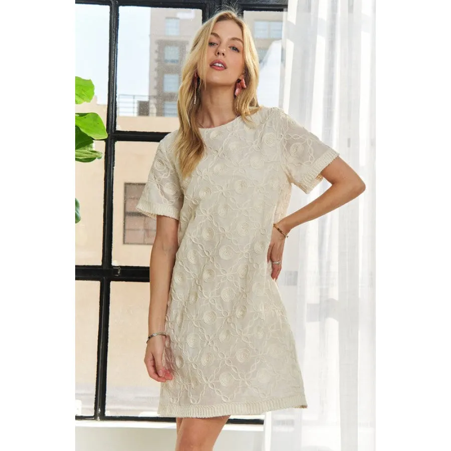 ADORA Applique Round Neck Short Sleeve Shift Dress