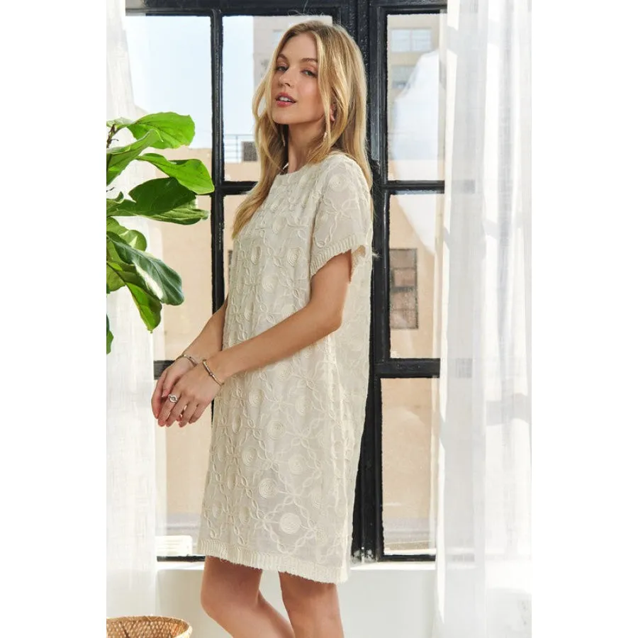 ADORA Applique Round Neck Short Sleeve Shift Dress