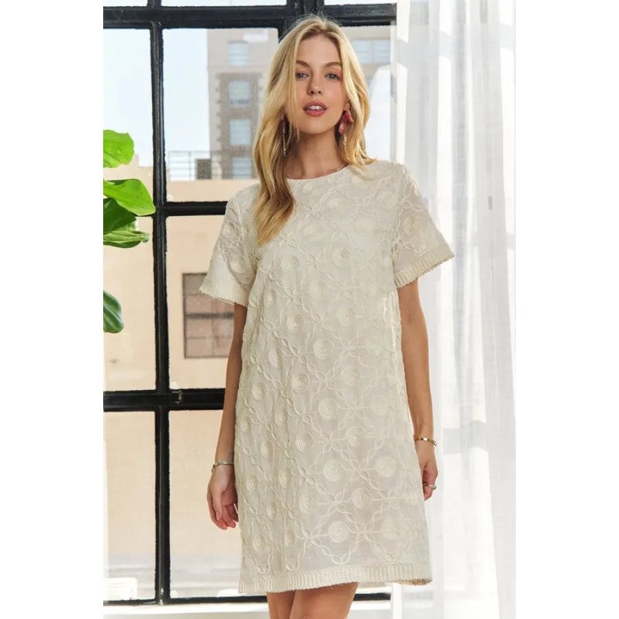 ADORA Applique Round Neck Short Sleeve Shift Dress