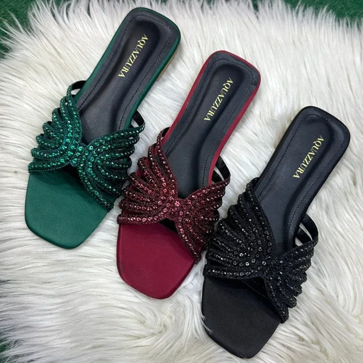 AQUAZZURA ELENA RHINESTONE FLAT SANDALS - GREEN
