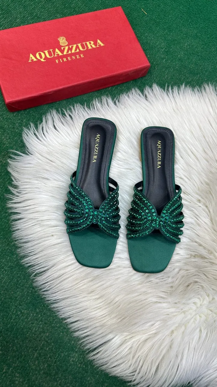 AQUAZZURA ELENA RHINESTONE FLAT SANDALS - GREEN