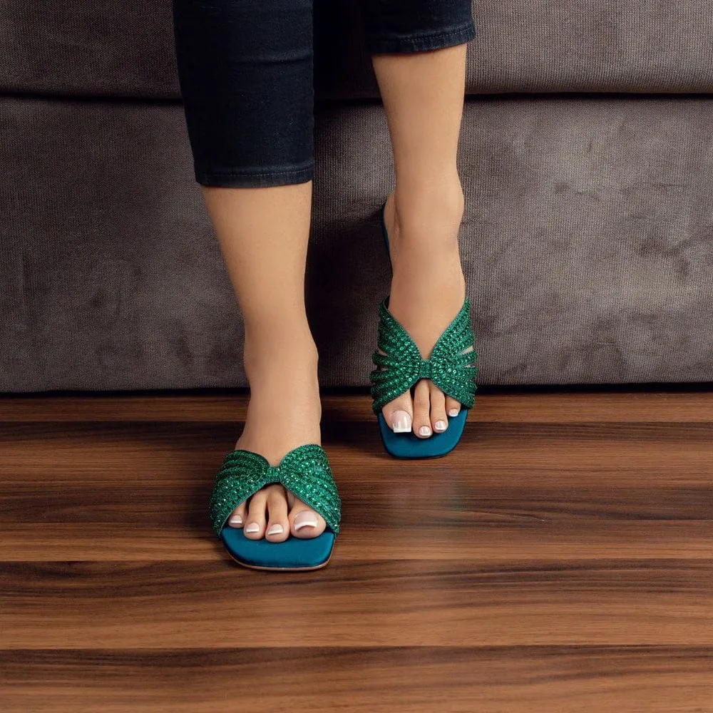 AQUAZZURA ELENA RHINESTONE FLAT SANDALS - GREEN
