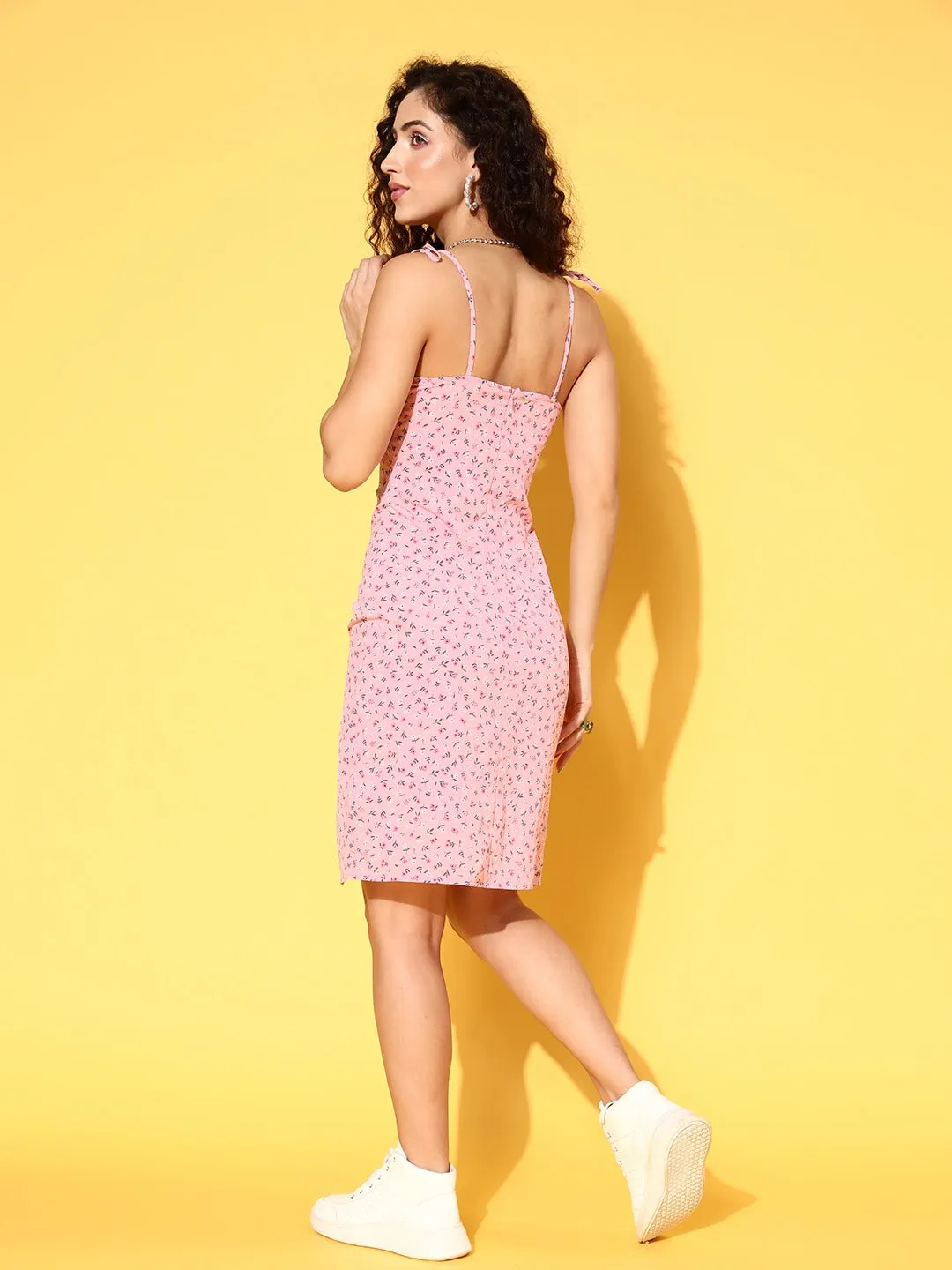 Berrylush Women Pink & White Floral Printed Square Neck Tie-Up Strap Thigh-High Slit Straight Hem Sheath Midi Dress