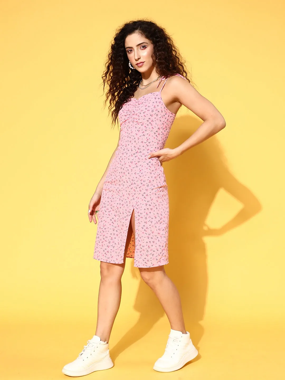 Berrylush Women Pink & White Floral Printed Square Neck Tie-Up Strap Thigh-High Slit Straight Hem Sheath Midi Dress