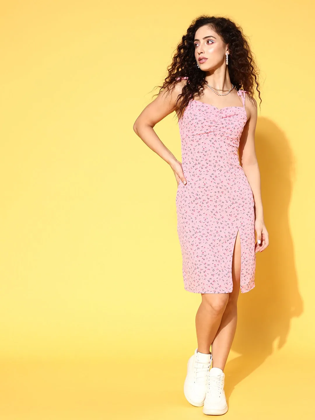 Berrylush Women Pink & White Floral Printed Square Neck Tie-Up Strap Thigh-High Slit Straight Hem Sheath Midi Dress