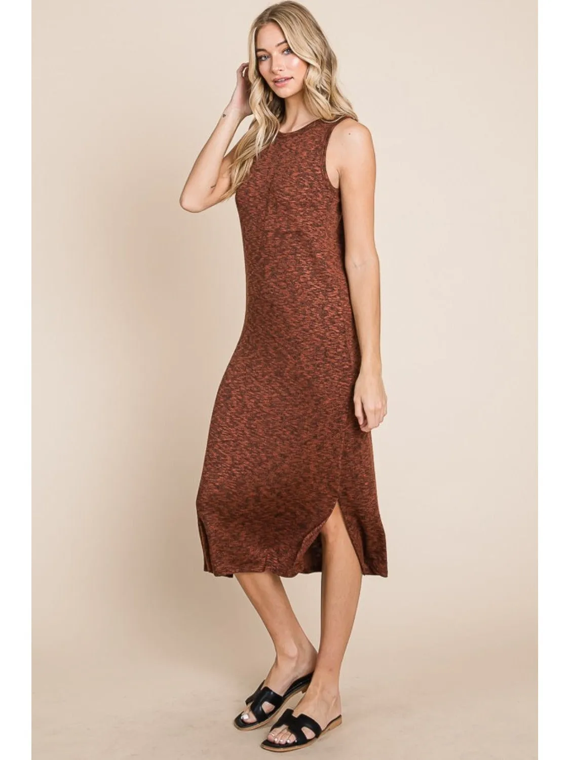 BOMBOM Slit Round Neck Sleeveless Midi Dress