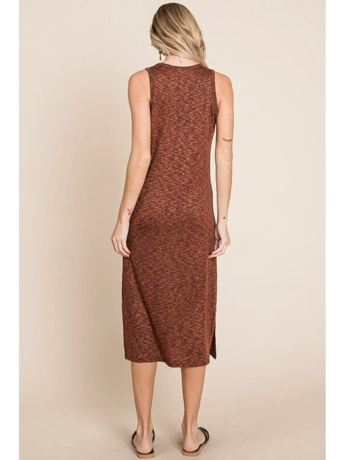 BOMBOM Slit Round Neck Sleeveless Midi Dress