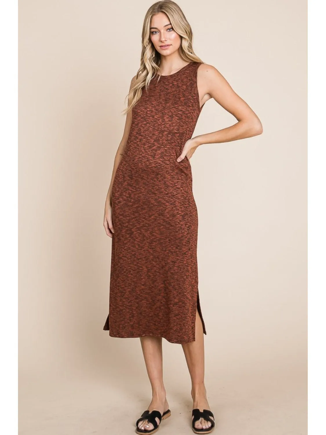 BOMBOM Slit Round Neck Sleeveless Midi Dress