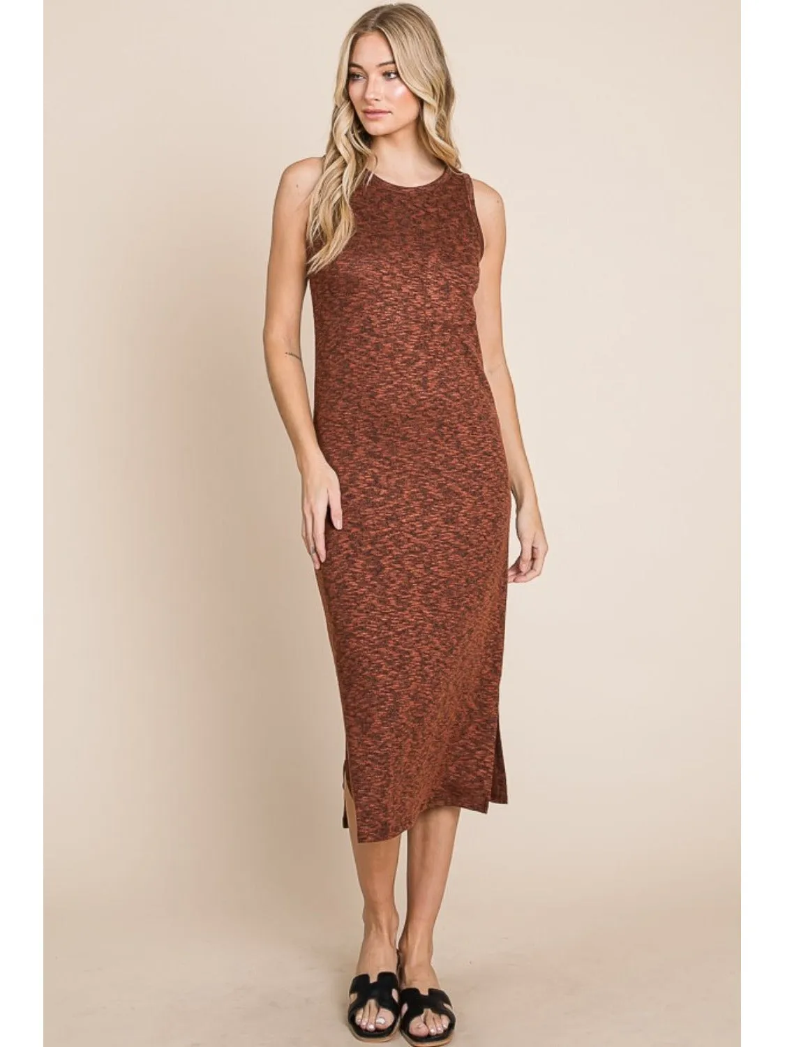 BOMBOM Slit Round Neck Sleeveless Midi Dress