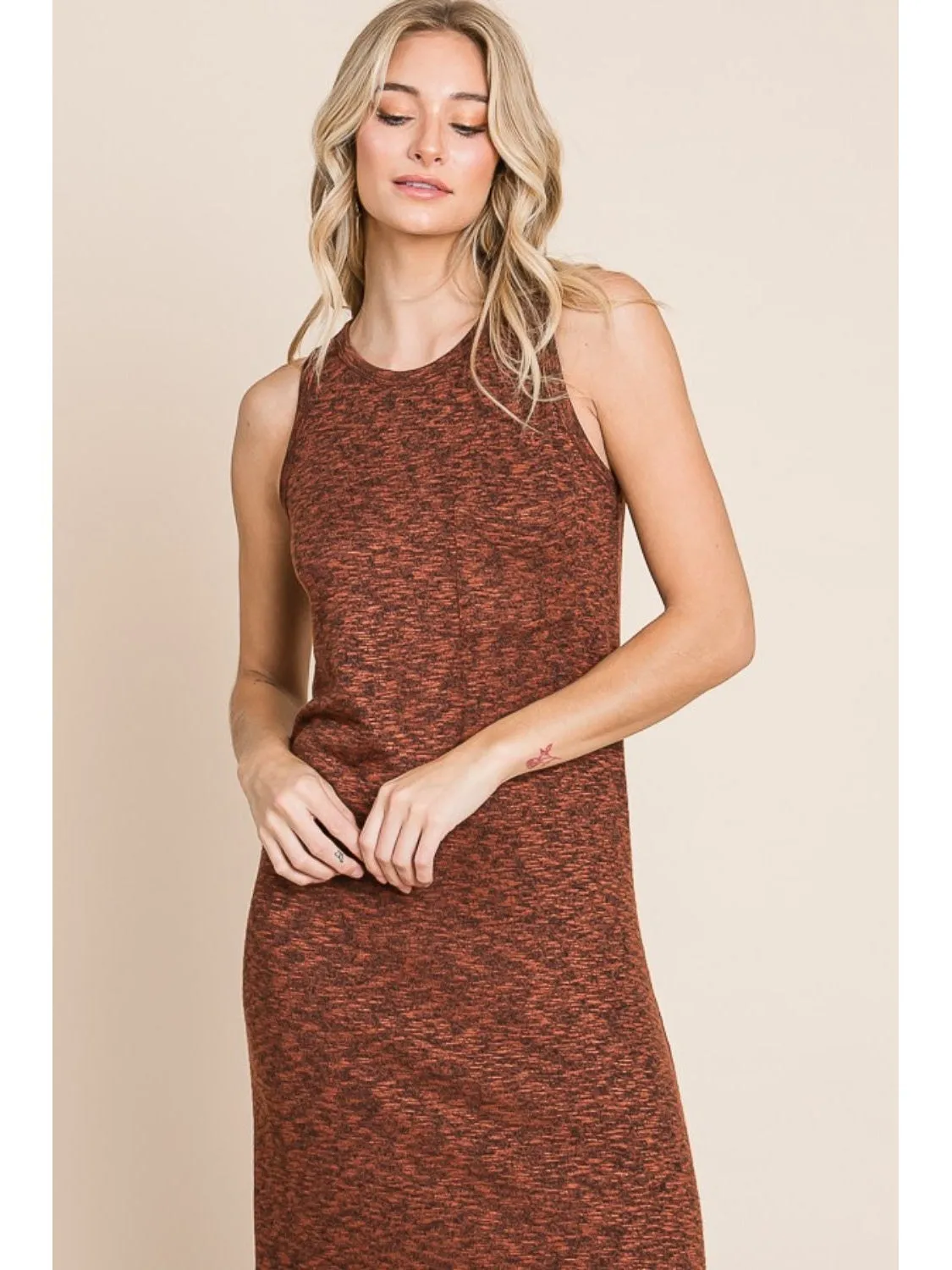 BOMBOM Slit Round Neck Sleeveless Midi Dress