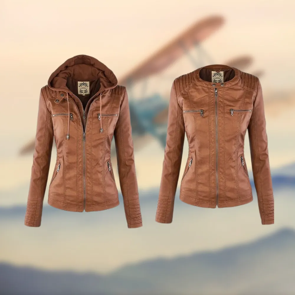 Caroline  | Stylish Tan Leather Jacket with Hood