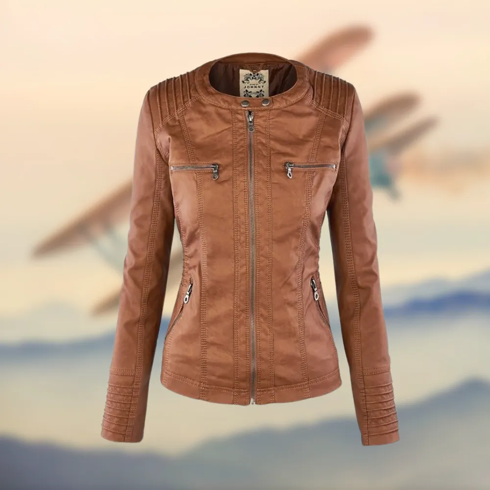 Caroline  | Stylish Tan Leather Jacket with Hood
