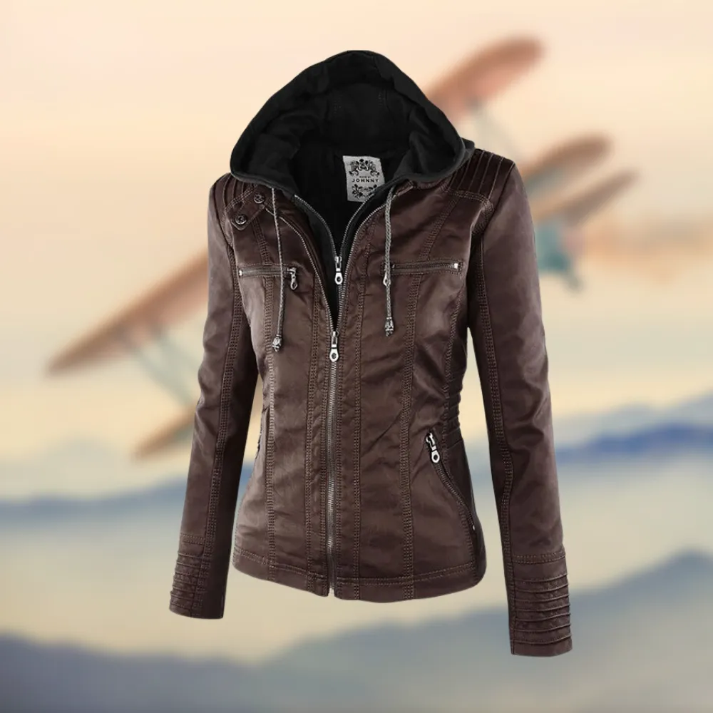 Caroline  | Stylish Tan Leather Jacket with Hood