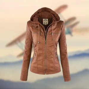 Caroline  | Stylish Tan Leather Jacket with Hood