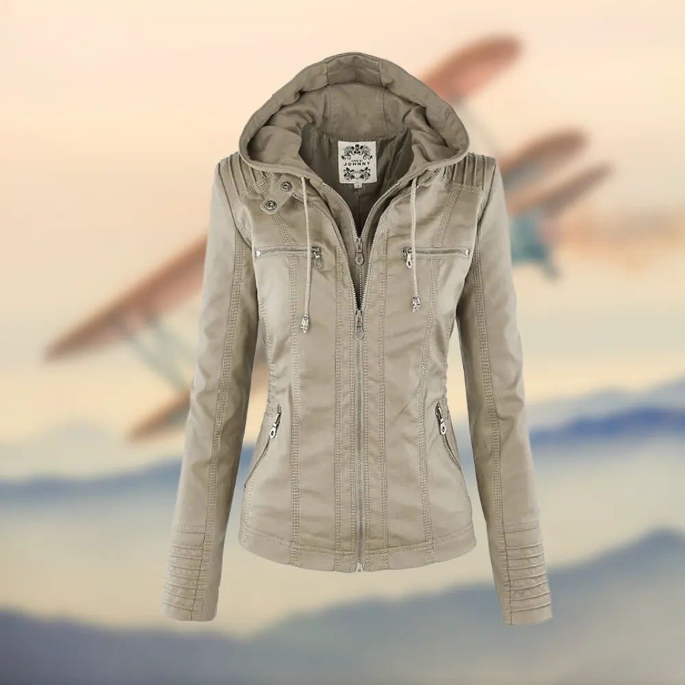 Caroline  | Stylish Tan Leather Jacket with Hood