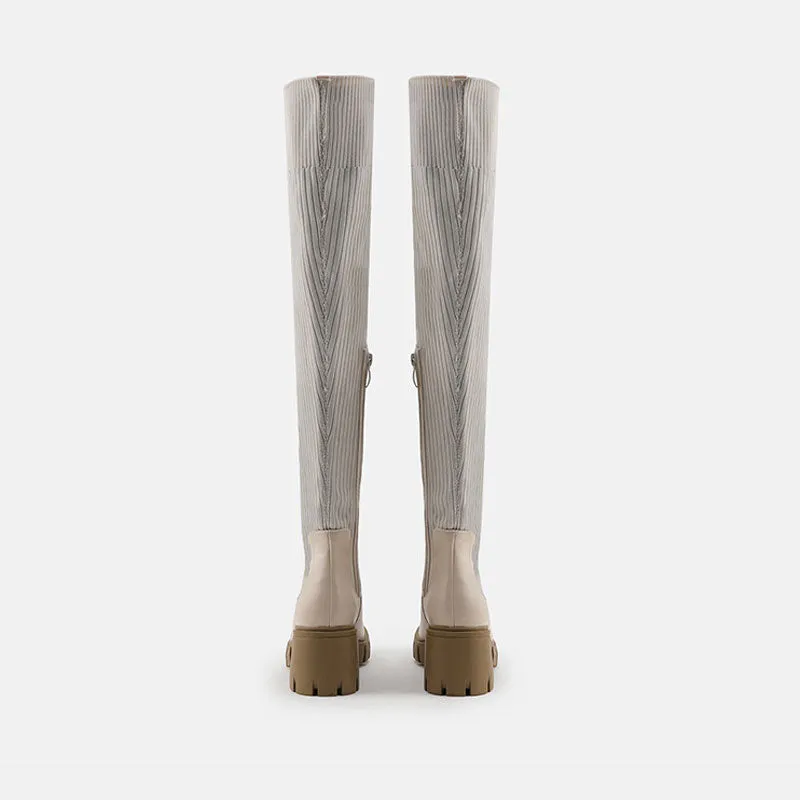 Contrast Panel Trim Lug Sole Chunky Heel Knit Knee High Sock Boots - Apricot