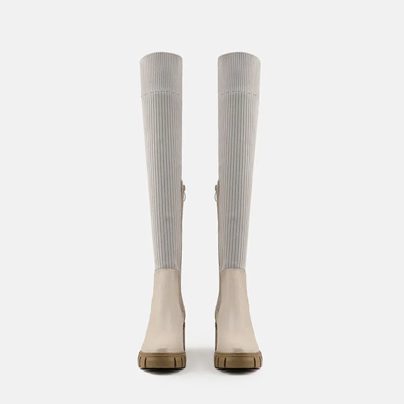 Contrast Panel Trim Lug Sole Chunky Heel Knit Knee High Sock Boots - Apricot