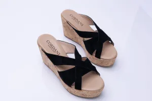 Cordani Devon Wedge Sandals in Crosta Nero Black