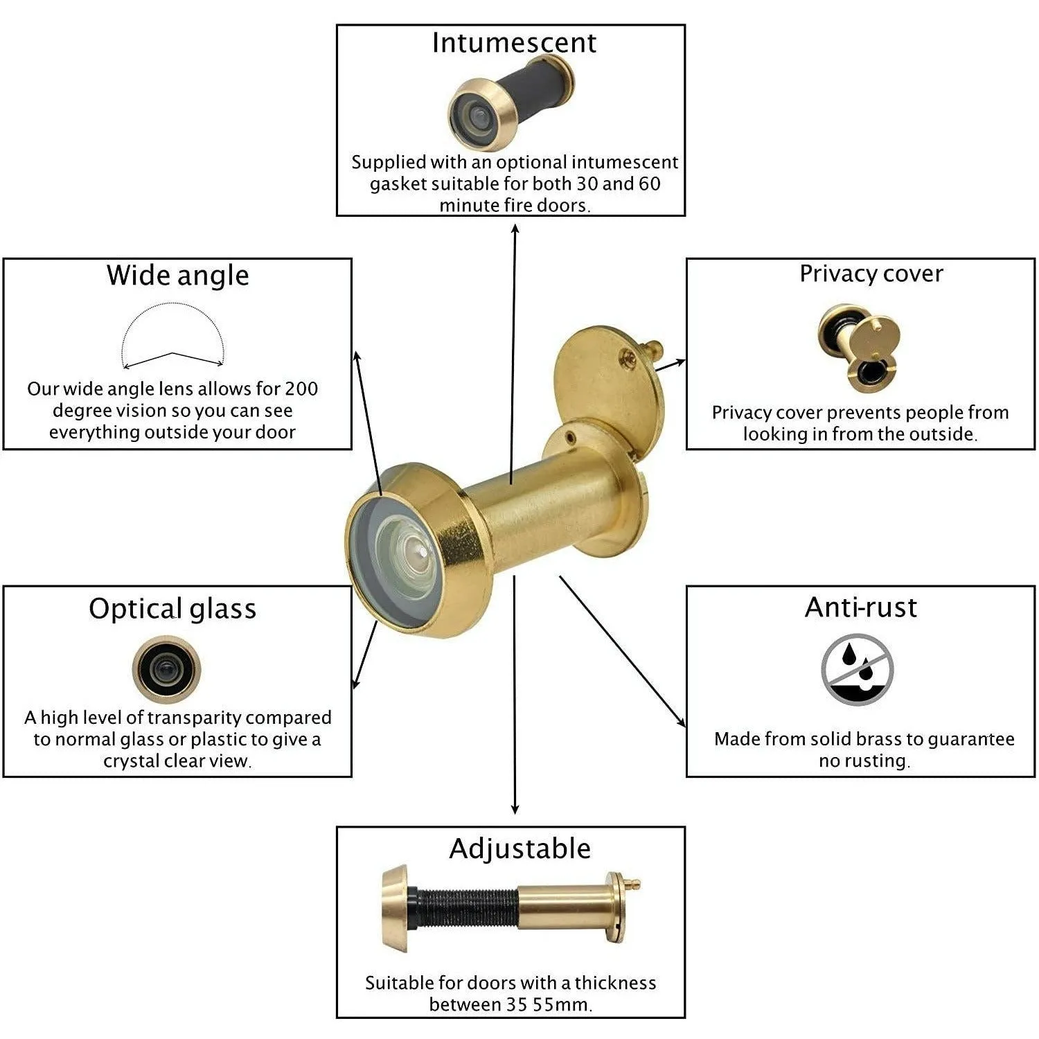 Door Viewer 200 Degree Glass Lens - 14mm Dia. - 35-55mm Doors - Polished Brass