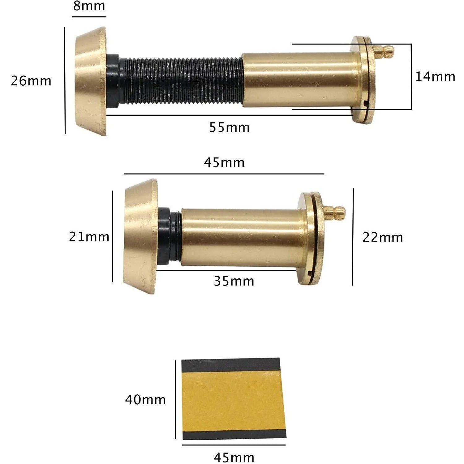 Door Viewer 200 Degree Glass Lens - 14mm Dia. - 35-55mm Doors - Polished Brass