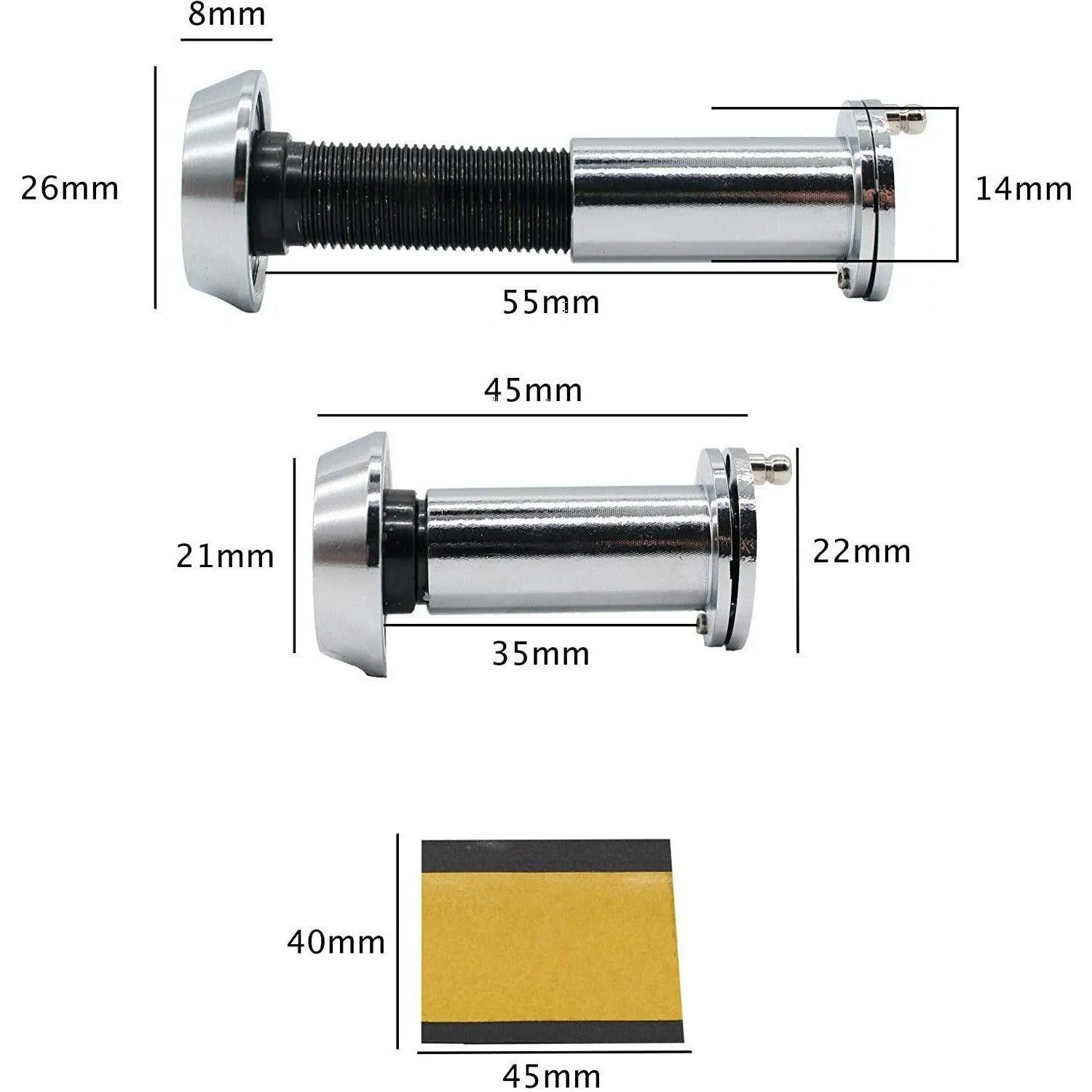 Door Viewer 200 Degree Glass Lens - 14mm Dia. - 35-55mm Doors -  Polished Chrome