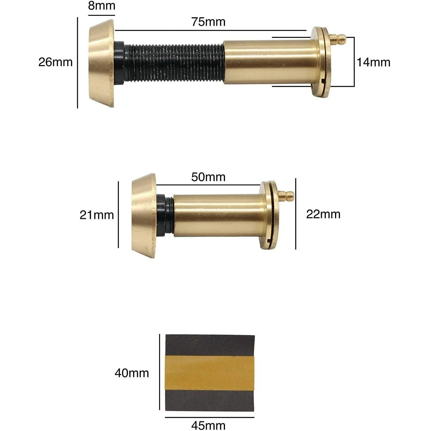 Door Viewer 200 Degree Glass Lens - 14mm Dia. - THICK 50-75mm Doors -  Polished Brass