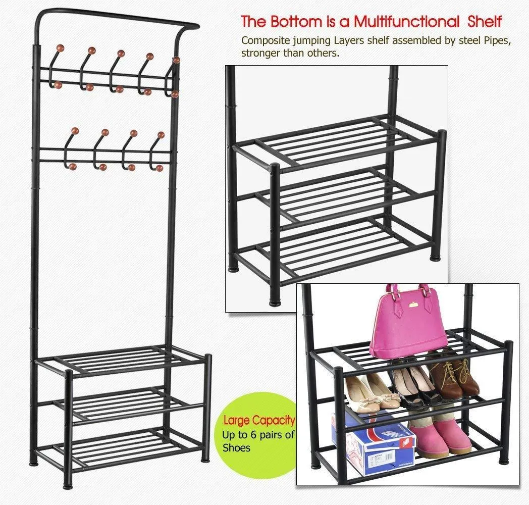 Finefurniture Entryway Coat and Shoe Rack with 18 Hooks and 3-Tier Shelves, Fashion Garment Rack, Bag Clothes Umbrella and Hat Rack with Hanger Bar