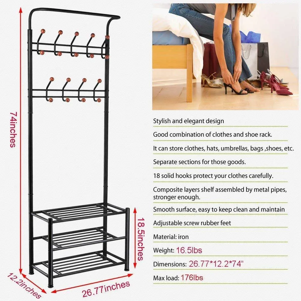 Finefurniture Entryway Coat and Shoe Rack with 18 Hooks and 3-Tier Shelves, Fashion Garment Rack, Bag Clothes Umbrella and Hat Rack with Hanger Bar