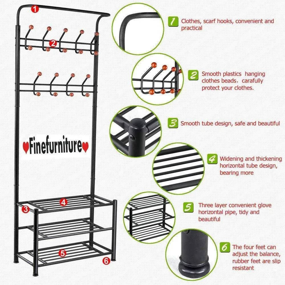 Finefurniture Entryway Coat and Shoe Rack with 18 Hooks and 3-Tier Shelves, Fashion Garment Rack, Bag Clothes Umbrella and Hat Rack with Hanger Bar