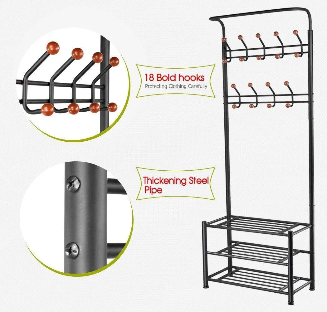 Finefurniture Entryway Coat and Shoe Rack with 18 Hooks and 3-Tier Shelves, Fashion Garment Rack, Bag Clothes Umbrella and Hat Rack with Hanger Bar