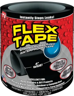 Flex Tape TFSBLKR0405 Tape, 5 ft L, 4 in W, Rubber Backing :ROLL: QUANTITY: 1
