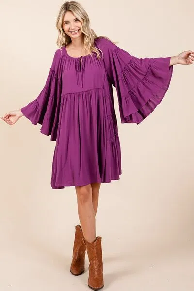 Frill Tie Neck Bell Sleeve Dress