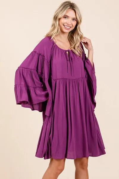 Frill Tie Neck Bell Sleeve Dress