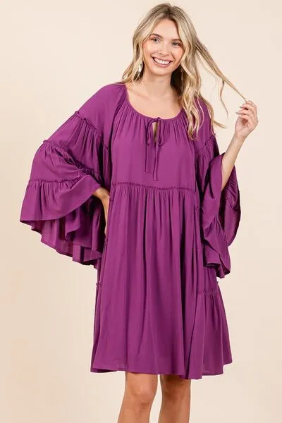 Frill Tie Neck Bell Sleeve Dress
