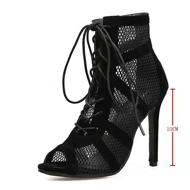 Hollow Mesh Cross-tied High Heels
