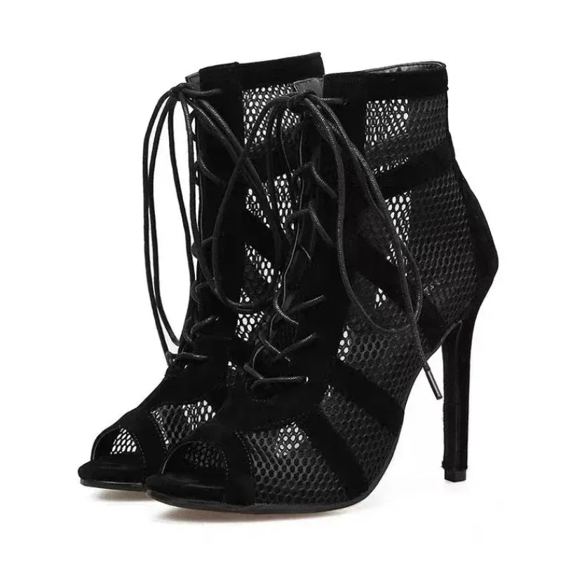 Hollow Mesh Cross-tied High Heels