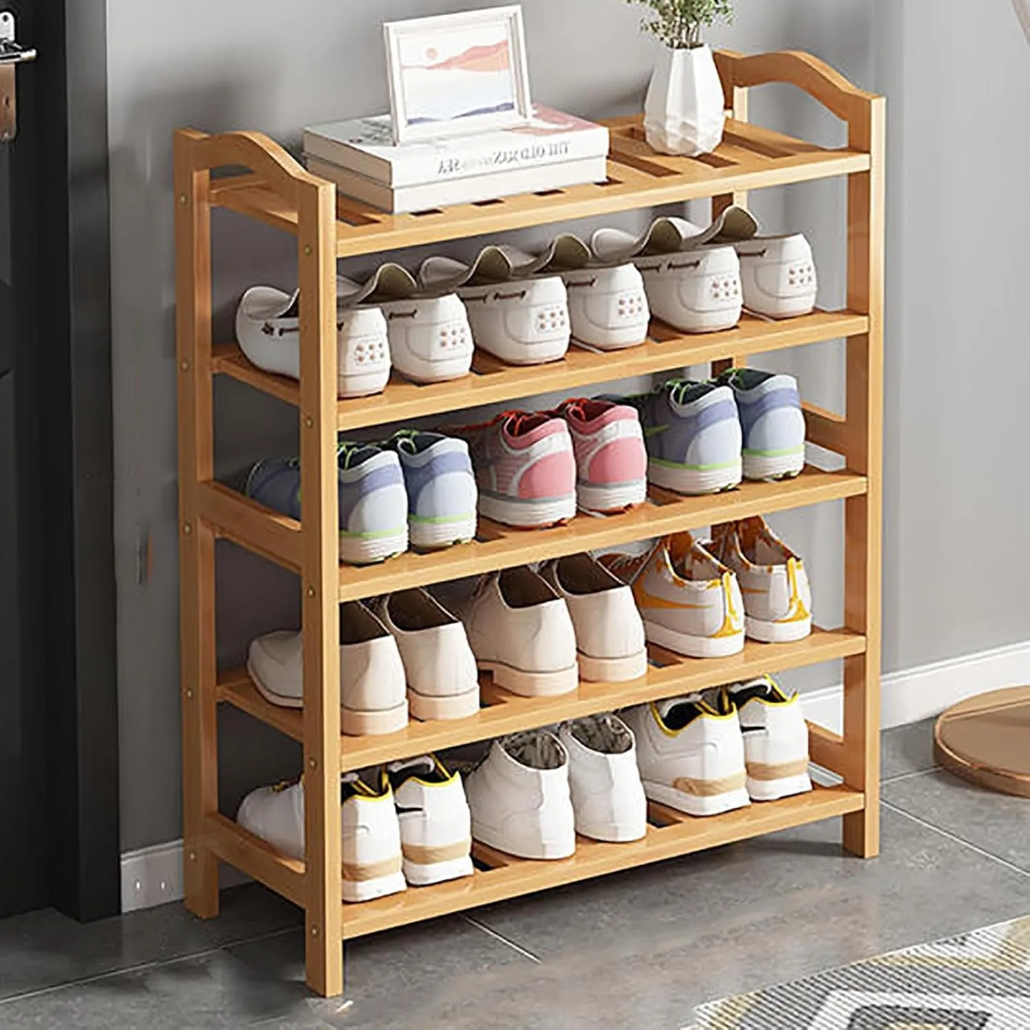 KriShyam ® 5-Tier Free Standing Shoe Racks, Stackable Bamboo Wood Shoe Rack Durable Shoe Shelf Holder, Functional Sturdy Shoe Organizer (5 Shelves Bamboo)