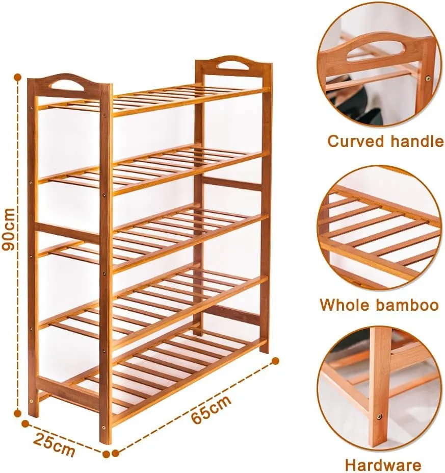 KriShyam ® 5-Tier Free Standing Shoe Racks, Stackable Bamboo Wood Shoe Rack Durable Shoe Shelf Holder, Functional Sturdy Shoe Organizer (5 Shelves Bamboo)